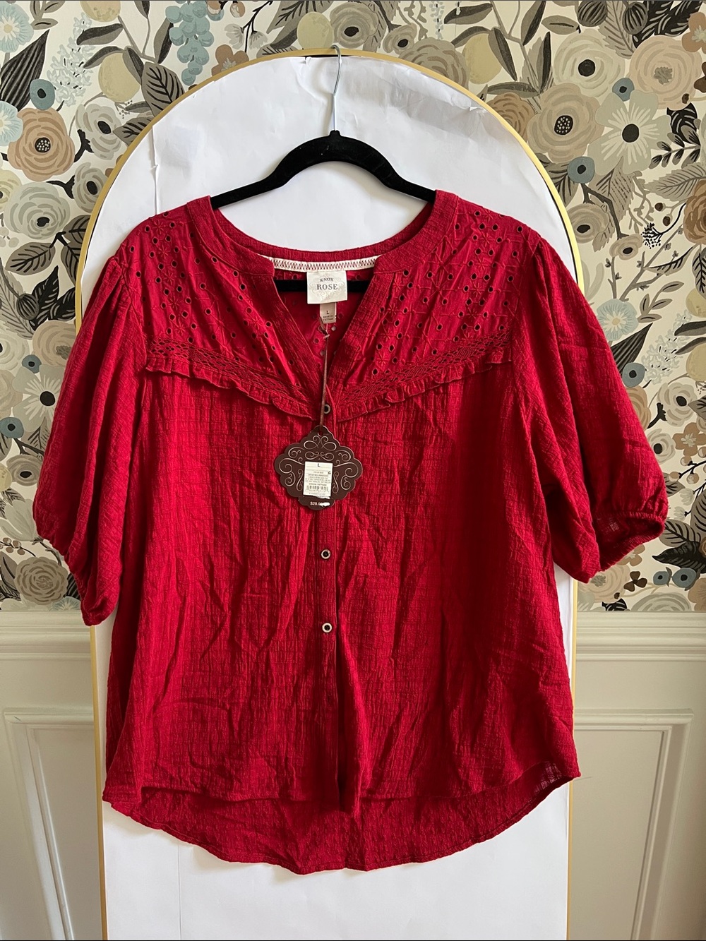 Knox rose red puff sleeve eyelet top
